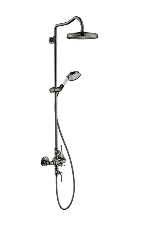 AXOR Duschsystem mit Thermostat, Kopfbrause und Handbrause in poliertem Schwarzchrom. Die Installation ist an der Wand vorgesehen.